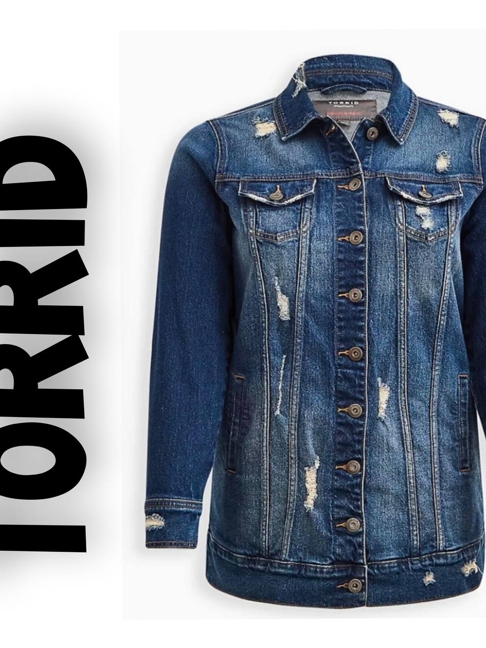 torrid Dark Blue 99% Cotton Distressed Longline Denim Jacket Size 1